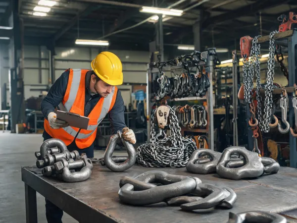 Rigging yard with shackles and chain hoists