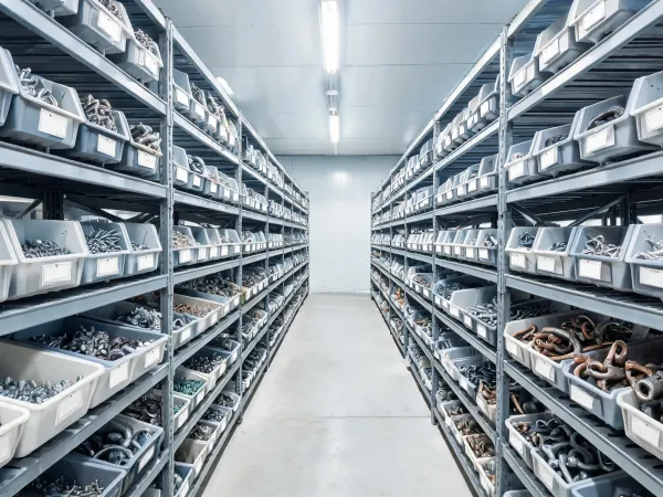 MRO supply room with hardware shelves