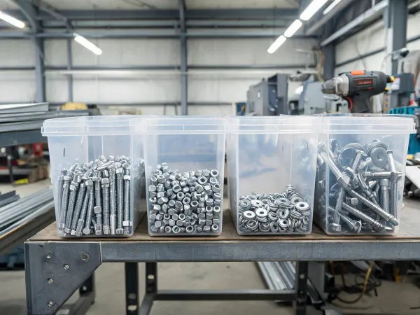 Fastener bins in a fabrication shop
