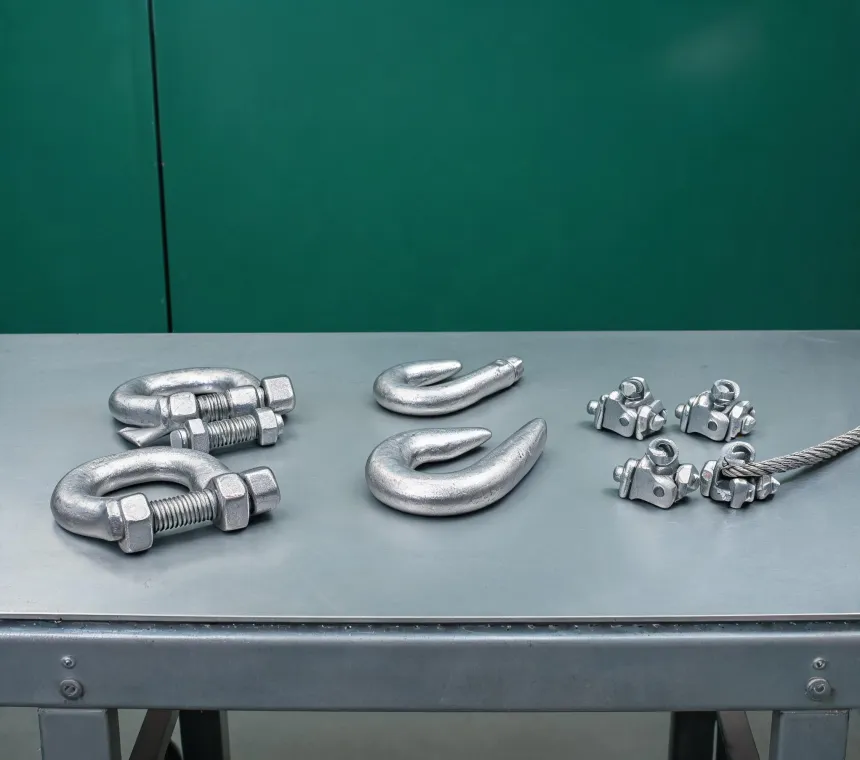 Forged rigging hardware staged on an industrial bench